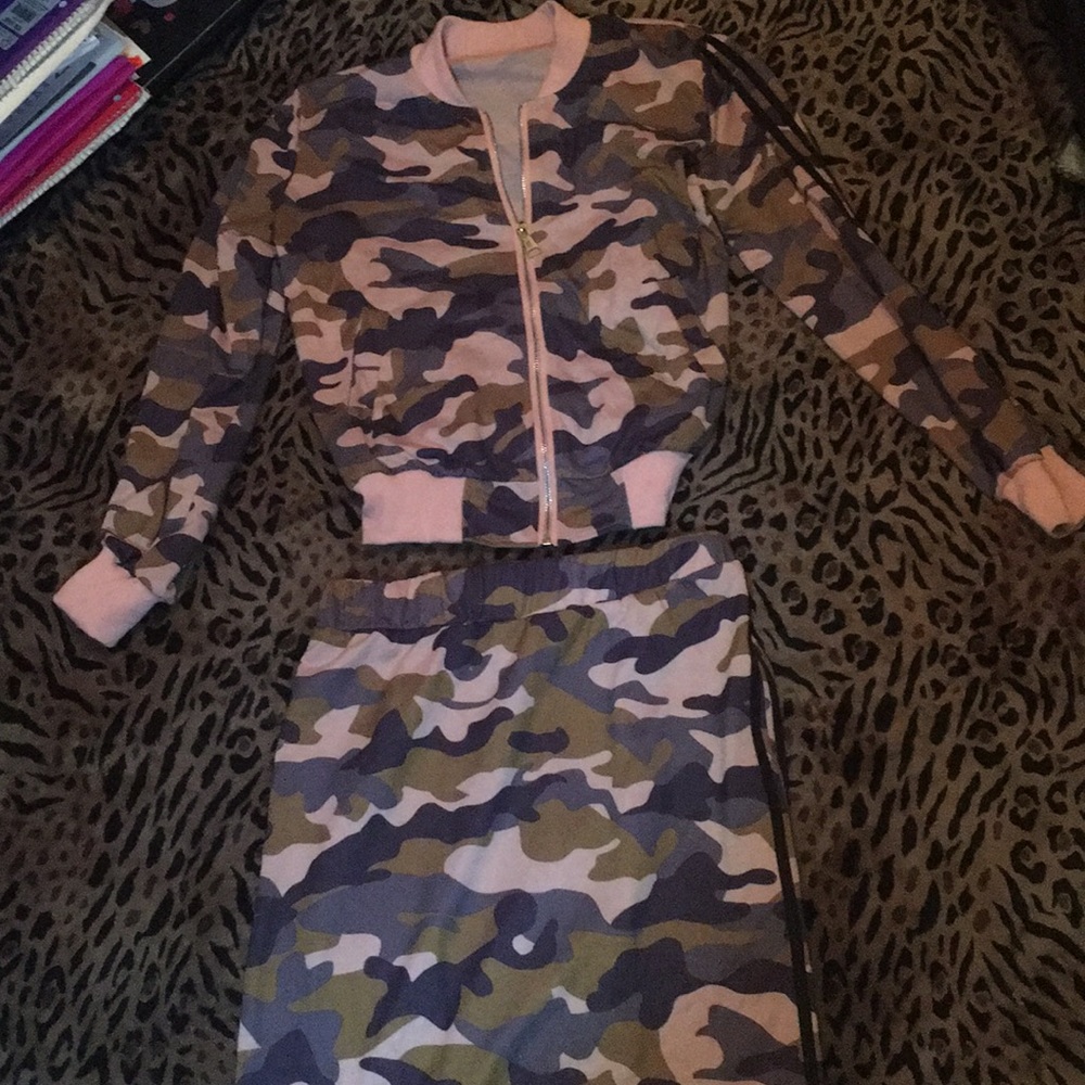 Pink colored camo bomber and pencil skirt set